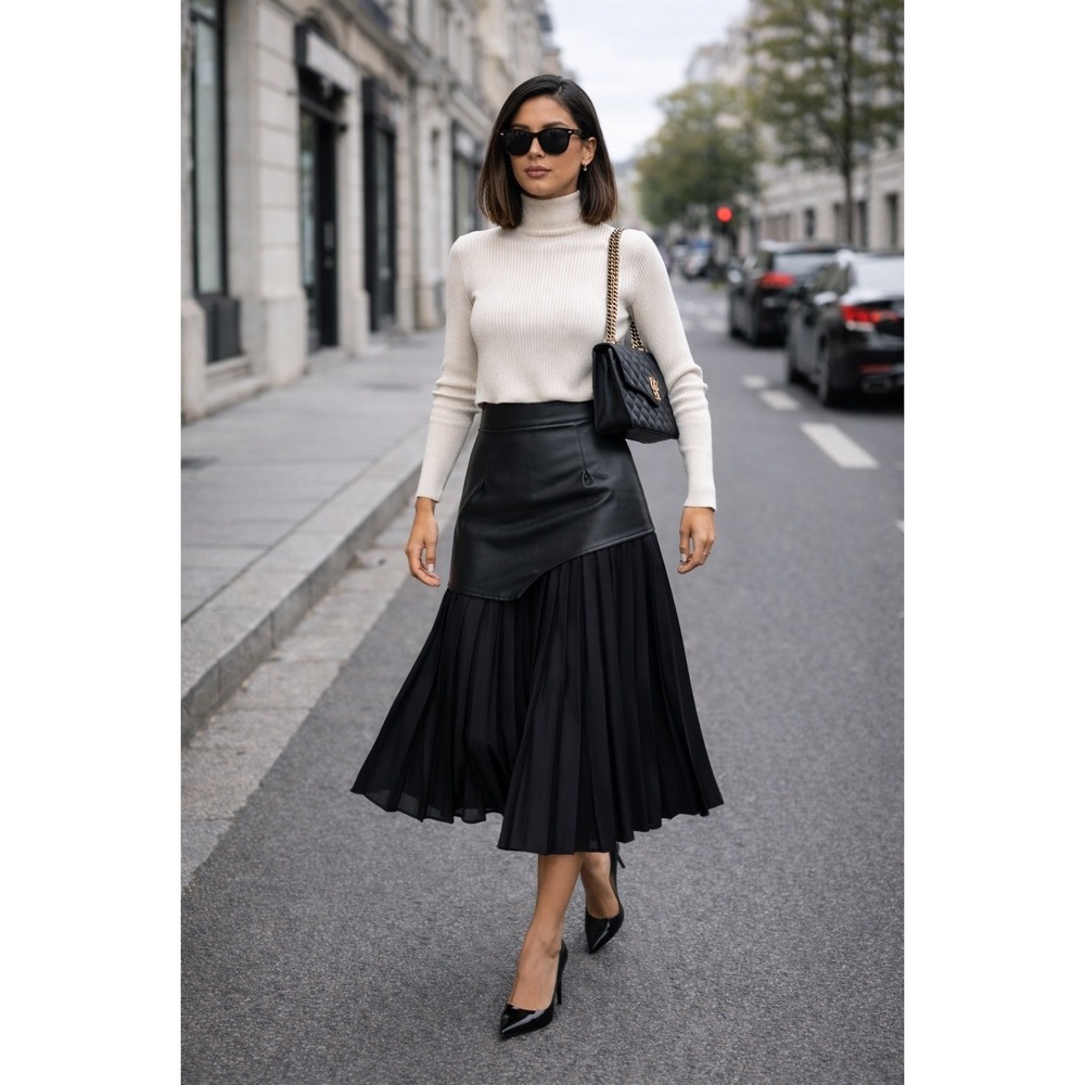 Commense Asymmetric Patchwork Faux Leather Chiffon Pleated Maxi Skirt size XS